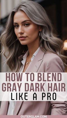 Discover how to skillfully merge gray with dark hair, using techniques that provide a smooth and elegant transition, making your grays a part of your signature style. Blending Dark Hair With Grey, Best Color To Hide Grey Hair, Gray Hair Dye On Brown Hair, Mousy Brown Hair Going Grey, Hair Colors For Greying Hair, Brown Hair Transitioning To Grey, Gray Dark Hair, Transition To Gray Hair From Dark Brown, How To Cover Grey Hair In Dark Hair