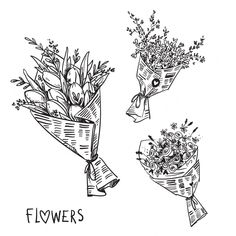 three bouquets of flowers are drawn in black and white