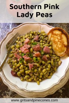 a bowl filled with peas and ham next to some vegetables