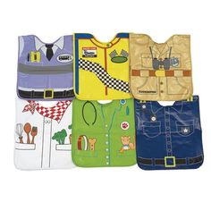 six bibs are lined up in the shape of vests with cartoon characters on them