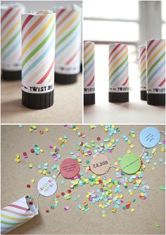 the collage shows how to make candy canes with paper and confetti