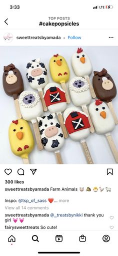 some kind of cake pops with farm animals on them