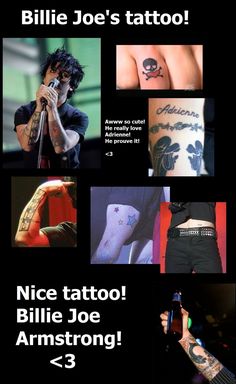 a poster with some tattoos on it's arms and legs, including the words billie joe's tattoo