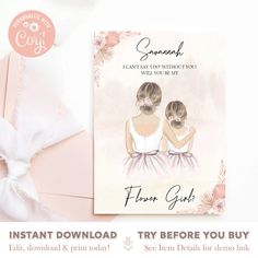 a card with two girls in pink dresses on it and the text, instant printable for