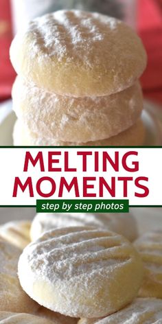 three different types of doughnuts stacked on top of each other with text overlay reading melting moments step by step photos