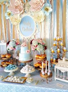 a table topped with lots of cakes and desserts