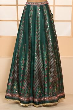 Green, multi colored, attached cancan lehenga with printed patterns and faux mirror embroidery. Comes with floral printed blouse and stole style dupatta. - Aza Fashions Traditional Skirt With Mirror Work For Reception, Festive Floor-length Sets With Motifs, Anarkali Skirt With Mirror Work For Reception, Festive Mirror Work Skirt For Reception, Navratri Wedding Skirt With Mirror Work, Wedding Skirt With Mirror Work For Navratri, Festive Skirt With Mirror Work For Reception, Fitted Green Lehenga With Motifs, Floor-length Lehenga With Motifs For Party