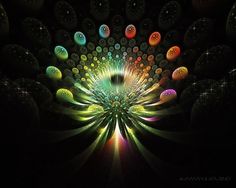 an abstract image with many colors and shapes in the center, as well as circles