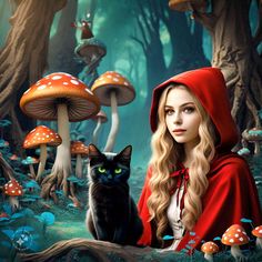 a painting of a girl and her cat in the woods with mushrooms on the ground