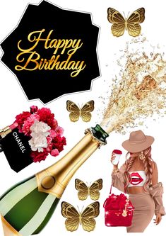 happy birthday card with champagne, flowers and butterflies on the white backgrounnd