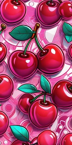 an image of many red cherries with green leaves on pink and white background for wallpaper