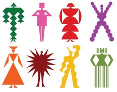 an assortment of different colored shapes and sizes on a white background, including stylized figures