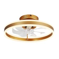 a ceiling fan with a light that is gold and has white blades on the blade