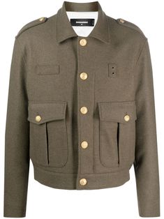 khaki wool blend classic collar epaulettes long sleeves front button fastening gold-tone buttons two front flap pockets straight hem Designer Collared Outerwear With Pockets, Military Style Collared Outerwear With Buttons, Designer Winter Outerwear With Flap Pockets, Designer Outerwear With Patch Pockets And Button-up, Designer Outerwear With Patch Pockets Button-up, Designer Button-up Outerwear With Patch Pockets, Military Outerwear With Flap Pockets And Lapel Collar, Military Style Outerwear With Flap Pockets And Lapel Collar, Military Style Outerwear With Flap Pockets For Work