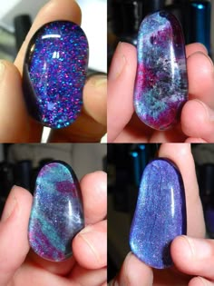 three pictures of purple and blue nail polishes with glitters on them, one being held in the palm of someone's hand