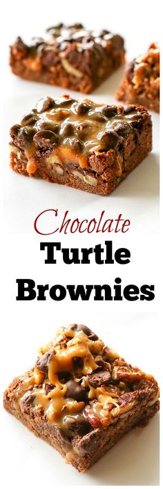 chocolate turtle brownies are stacked on top of each other with the words chocolate turtle brownies above them