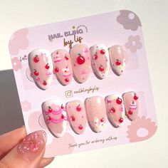 Nail bling by Lisa press ons are hand-crafted with love.  Package includes: - 10 nails and 1 Prep kit (nail glue, 24 adhesive tabs (1 sheet), cuticle wooden pusher, mini file, and 2 alcohol wipes ) + This set is a M standard size short almond  + Custom size is available please send us a message Press Ons Packaging, Cherry Cake Design, Birthday Cake Nails, Cake Nail Art, Love Package, Ongles Bling Bling, Nail Bling, Alcohol Wipes, Short Almond