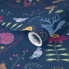 a blue wallpaper with colorful birds and flowers on the background, it's very dark