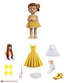 the doll is dressed in yellow and has accessories for her dress, shoes, headbands