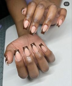 Extra baddie nails, baddie bling nails, princess nails, prom nails, summer nails, spring nails, nails, nail ideas, nails acrylic, nail design, baddie nails, short baddie nails Natural press on nails, choclate french tip, brown french tip nails Nails For Chocolate Skin, Brown Skin French Nails, Dark Brown Tips Nails, Brown Acrylic French Tips, Natural Almond Gel Nails Ideas, Simple Nail Colors Fall, Brown Nail French Tip, Short Squoval Nails Brown, Brown Almond Nails French Tip