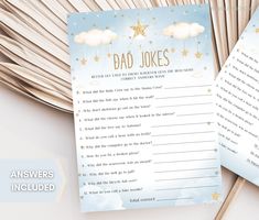 a blue and gold baby shower game with the words,'bad jokes'on it