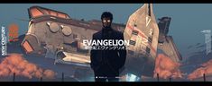 an animated image of a man standing in front of a space ship with the words evangelon written on it