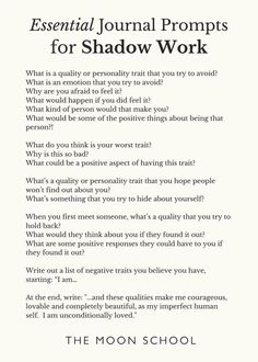Shadow Work Journal Prompts (plus FREE Download!) Starting A Shadow Work Journal, Spiritual Shadow Work Prompts, Shadow Work Beginner Prompts, Shadow Work Writing Prompts, Art Therapy Journaling Prompts, Shadow Work Journal Prompts Love, Full Moon Shadow Work Prompts, Shadow Work Journal Prompts For Healing, Meaningful Journal Prompts