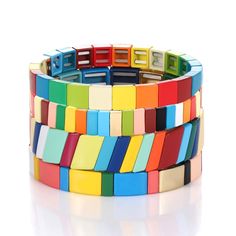 PRICES MAY VARY. ADVANCED PRODUCTION TECHNOLOGY- All tile bracelet come from our high-precision tempered mold making, uniform size, automatic spray painting process, flat and smooth paint surface, full bright color, and strict process management, with extremely low defective rate. NEW FASHION STYLE- These colorful roxanne assoulin bracelet are the new trend of fashion jewelry in the future, they are designed in unique stackable and geometric to wear series pieces together or separately.You can i Bohemian Tiles, Rainbow Tile, Tile Bracelet, Bohemian Rainbow, Wrist Accessories, Rainbow Candy, Block Color, Bangle Bracelet Set, Casual Jewelry