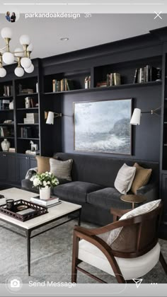 a living room filled with furniture and bookshelves