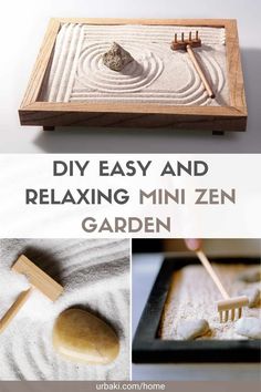 an easy and relaxing mini - garden made out of sand, rocks and bamboo sticks