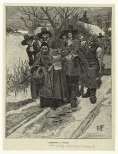 an old drawing of some people walking in the snow with one person wearing a hat