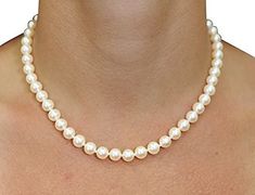 This pearl necklace is perfect for women who want to feel glamorous and luxurious. The round white freshwater cultured pearls are of the highest quality, and the strand measures 18 inches in length. It's affixed with a 14K gold clasp, making it ideal for any formal evening event or everyday casual wear. Fine Pearl Jewelry, Akoya Pearl Necklace, Blue Sapphire Necklace, Pearl Necklace Earrings, White Pearl Necklace, White Freshwater Pearl, Pearl Strands