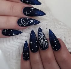 Moon And Star Nail Designs Simple, Sun Moon Star Nails, Witchy Wedding Nails, Blue Witch Nails, Viking Inspired Nails, Stars Moon Nails, Stary Night Nail Designs, Velaris Inspired Nails, Mystical Nails Almond