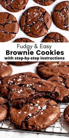 chocolate brownie cookies cooling on a rack with white sprinkles and text overlay