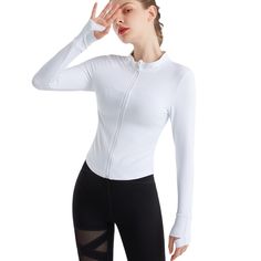 White Zipper Long Sleeve Tight Sport Jacket Stretch Versatile Tops With Zipper Closure, Versatile Stretch Top With Zipper Closure, Stretch Tops With Zipper Closure For Winter, Solid Stretch Top With Zipper Closure, Stretch Solid Color Top With Zipper Closure, Sporty Long Sleeve Tops With Zipper Closure, Long Sleeve Workout Tops With Zipper Closure, Fitted Sporty Top With Zipper Closure, Versatile Fitted Long Sleeve Track Jacket