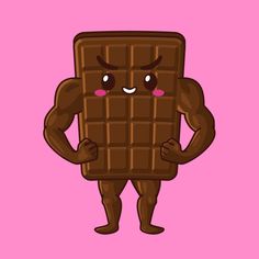 a cartoon character holding a chocolate bar with eyes and hands on his hips, while standing in front of a pink background