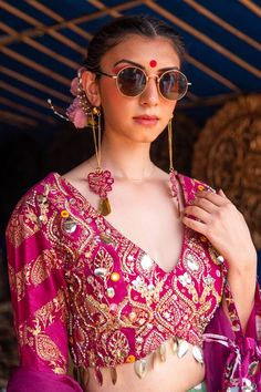 Magenta attached cancan lehenga with floral print and metal handwork. Paired with an embroidered padded blouse with a tsseled hem and ombre dupatta. - Aza Fashions Ombre Dupatta, Cape Lehenga, Cancan Lehenga, Kurta Lehenga, Lehenga Pattern, Work Lehenga, Padded Blouse, Lehenga Skirt, Luxury Sale