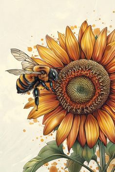 a painting of a sunflower with two bees on it