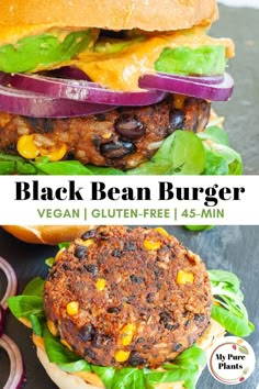 black bean burger with lettuce, onions and cheese on it is shown in two different views