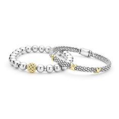 An ideal gift including a signature LAGOS Caviar beaded bracelet with three accenting 18K gold X stations paired with a highly polished sterling silver bracelet with a 18K gold Caviar beaded accent. The stretch fit accommodates most wrist sizes. Sculptural Jewelry, Exclusive Gift, Engraved Items, Bracelet Gift, Sterling Silver Bracelets, Precious Metals, Beaded Bracelet, Ideal Gift, Two Tone