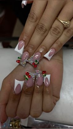 Cherry Duck Nails, Red Duck Nails Acrylic, White Cherry Nails, Christmas Duck Nails, Red Duck Nails, Christmas Nail Sets, Christmas Nail Set, Birthday Nail Designs