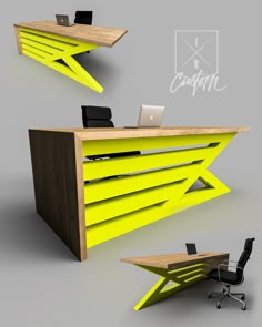 an office desk with neon yellow paint on the front and back, along with a black chair