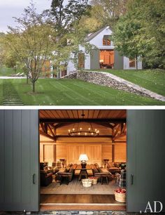 the inside and outside of a house with an open garage door that leads to a large yard