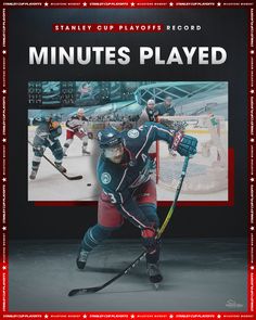 an advertisement for the stanley cup players record, featuring hockey players in uniform and holding sticks