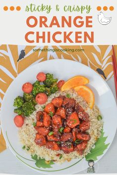 an orange chicken and rice dish on a plate with chopsticks next to it