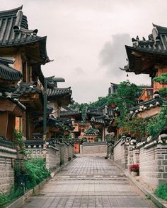 an empty street lined with wooden buildings and green plants on either side of the road