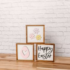 three framed pictures with the words happy easter on them