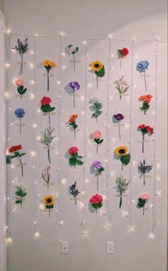 flowers are arranged on the wall with string lights