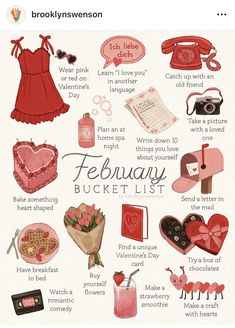 a valentine's day card with the words, february bucket list and other items