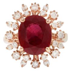 7.90 Carats Impressive Red Ruby and Natural Diamond 14K Rose Gold Ring Total Red Ruby Weight is: Approx. 7.00 Carats Ruby Treatment: Lead Glass Filling Ruby Measures: Approx. 12.00 x 10.00mm Natural Round Diamonds Weight: Approx. 0.90 Carats (color G-H / Clarity SI1-SI2) Ring size: 7 (we offer free re-sizing upon request) Ring total weight: Approx. 6.9 grams SKU # 738 Emerald Cut Aquamarine Ring, Lead Glass, Real Diamond Necklace, Ring Rosegold, Beautiful Tiaras, 14k Rose Gold Ring, Peridot Ring, Ruby Diamond, Pretty Rings